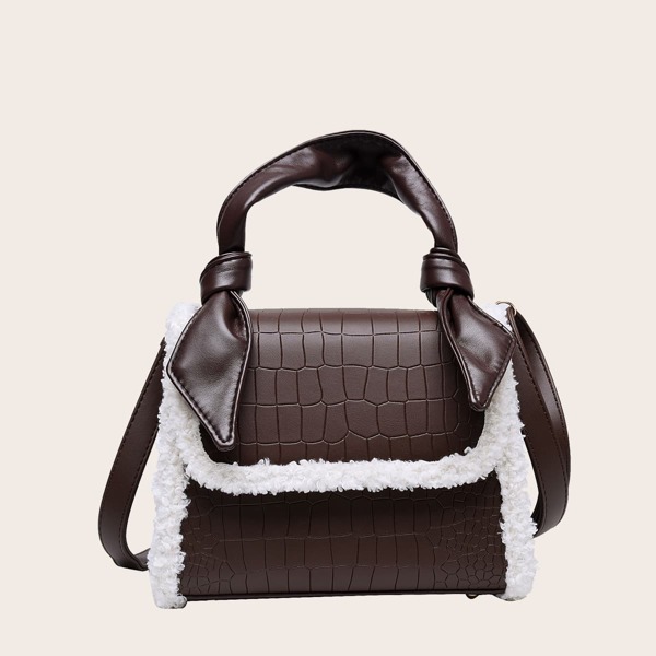 

Contrast Binding Croc Embossed Flap Satchel Bag, Coffee brown