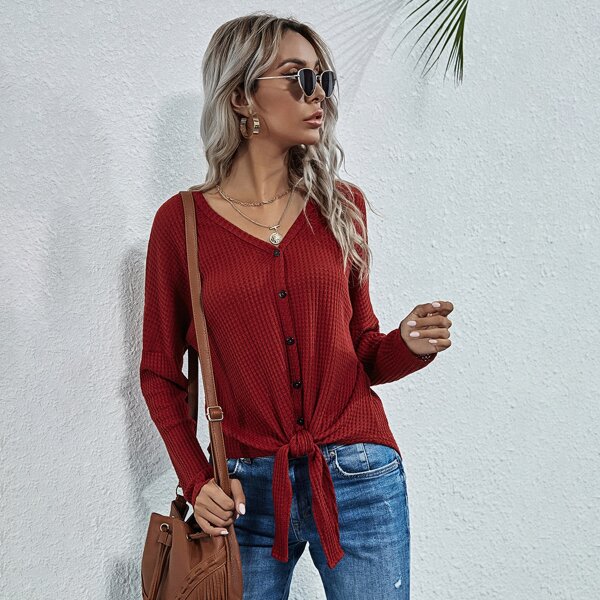 

Button Through Knot Hem Coat, Burgundy