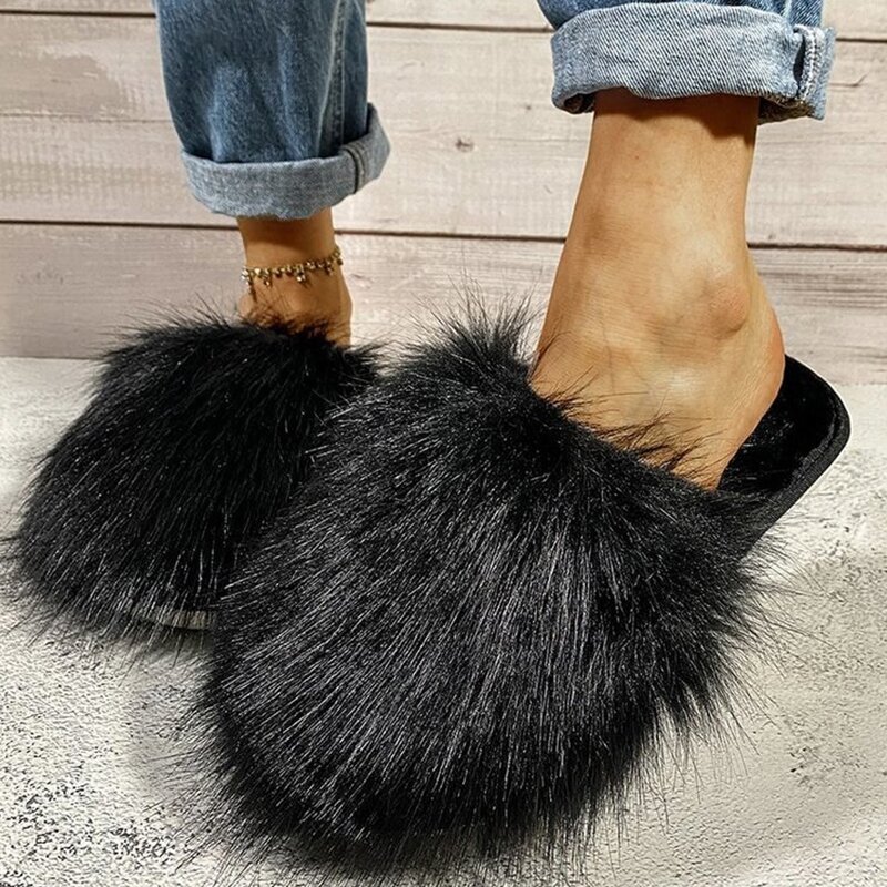 

Solid Fluffy Slippers, Black