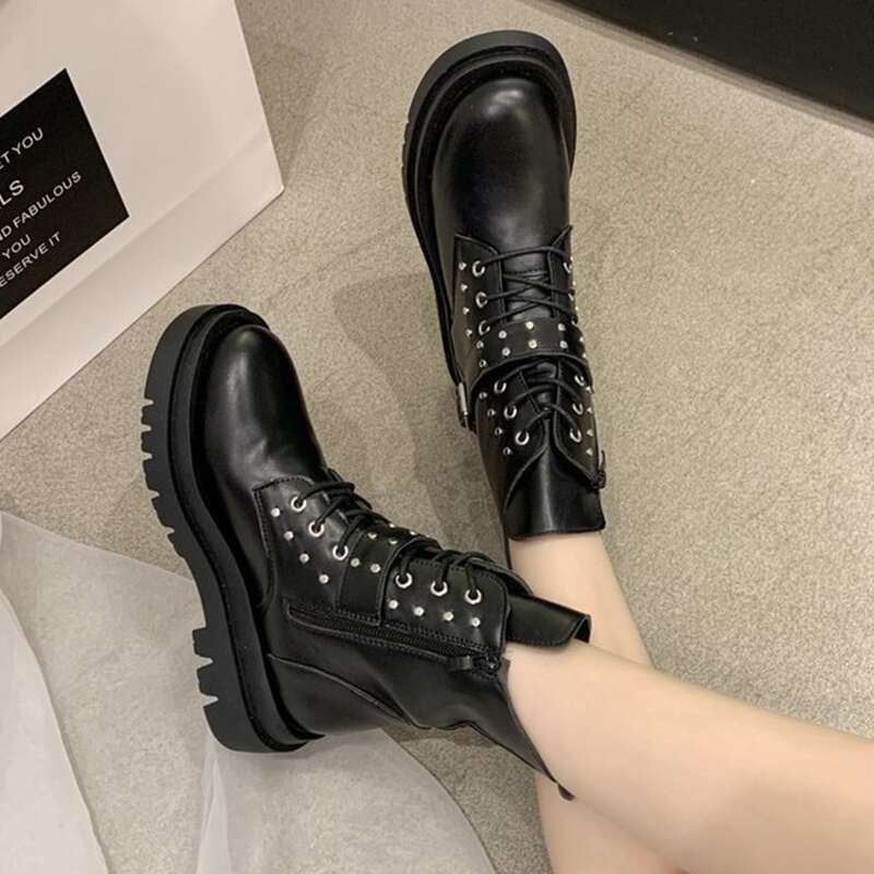 

Buckle Decor Lace-up Front Combat Boots, Black