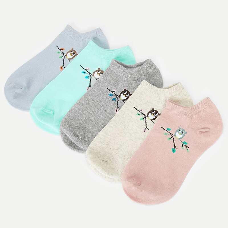 

5pairs Owl Print Ankle Socks, Multicolor