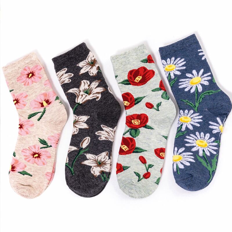 

4pairs Floral Crew Socks, Multicolor