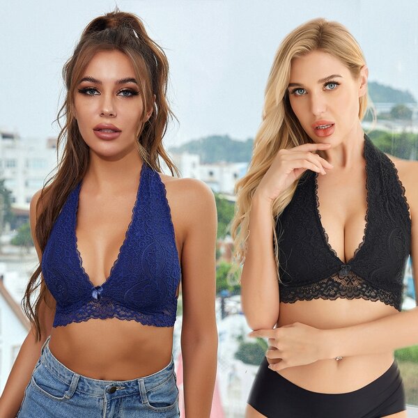 

2pack Floral Lace Halter Bra Set, Multicolor