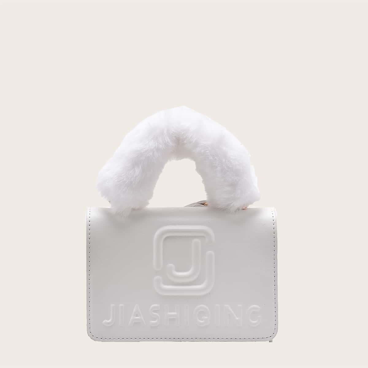 

Faux Fur Decor Letter Embossed Satchel Bag, White