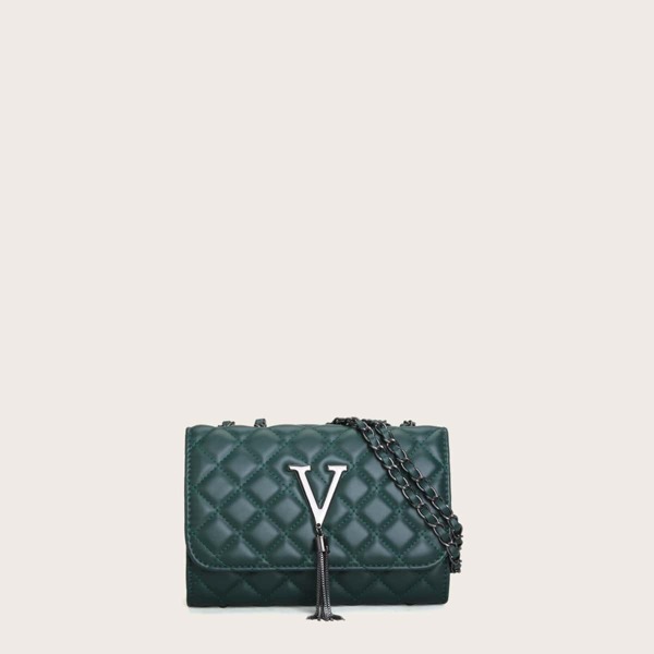 

Metal Tassel Charm Quilted Chain Shoulder Bag, Green