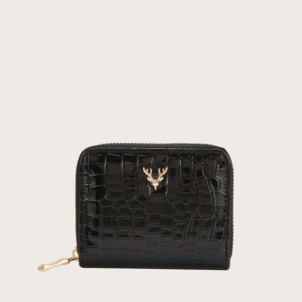 

Metal Deer Decor Croc Embossed Purse, Black