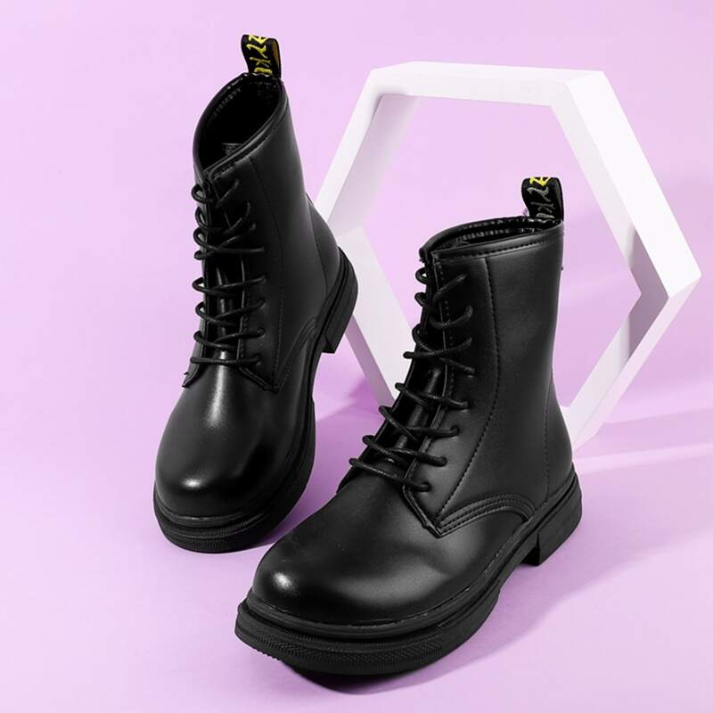 

Solid Lace-up Combat Boots, Black