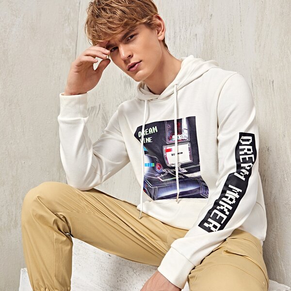 

Men Letter Graphic Drawstring Hoodie, White
