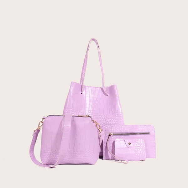 

4pcs Croc Embossed Tote Bag Set, Purple