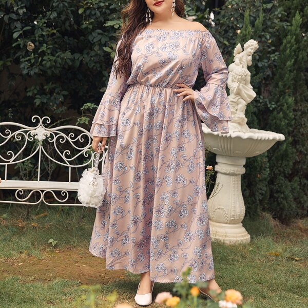 

Plus Floral Print Flounce Sleeve Bardot Dress, Dusty pink