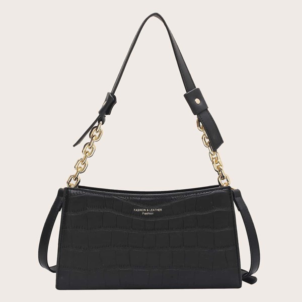 

Croc Embossed Baguette Bag, Black