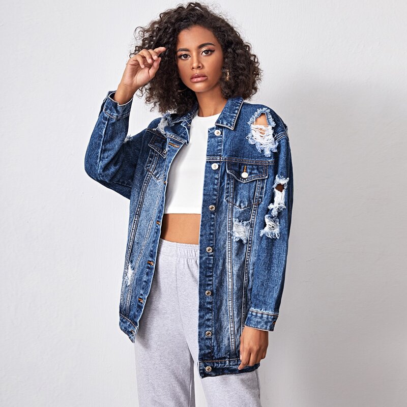 

Ripped Flap Pocket Denim Jacket, Medium wash
