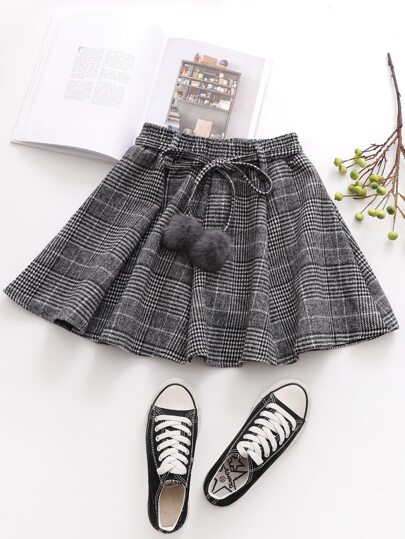 Plaid Pom Pom Belted Skirt