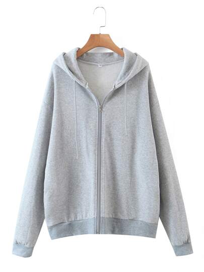 solid zip up drawstring hooded sweatshirt