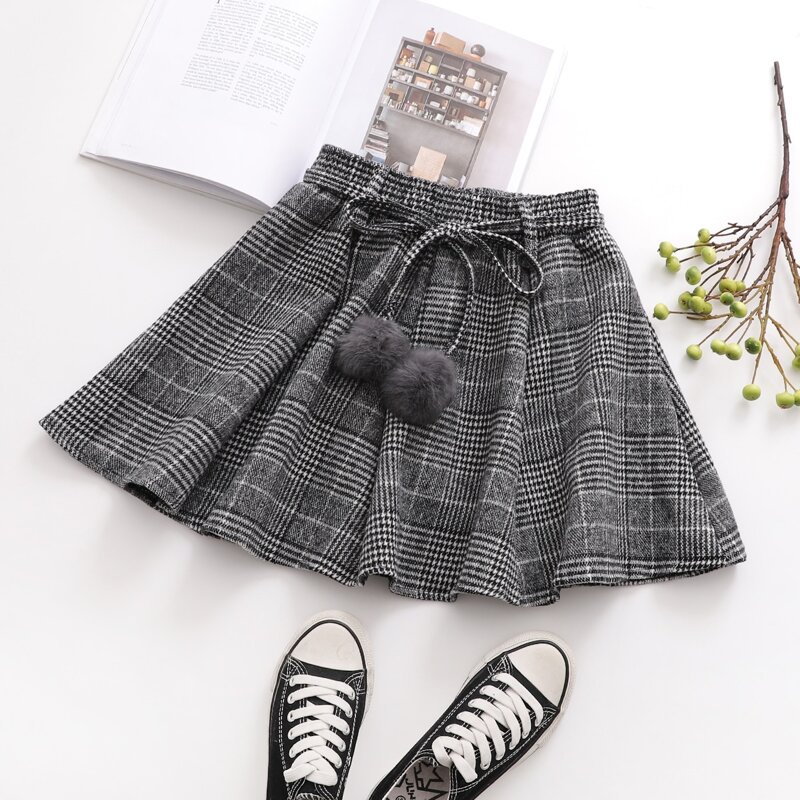 

Plaid Pom Pom Belted Skirt, Grey
