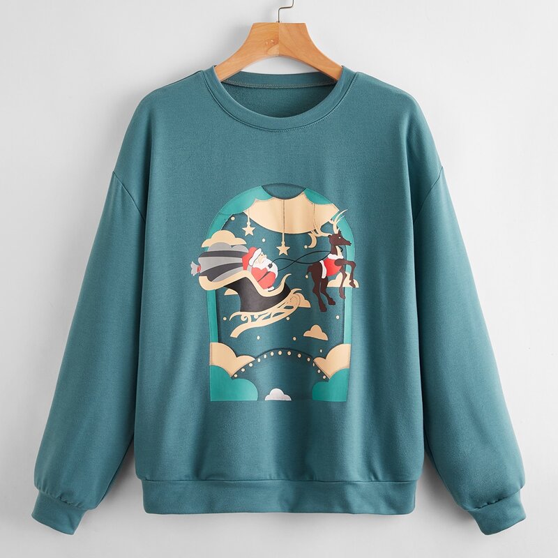 

Christmas Santa Claus & Deer Graphic Sweatshirt, Teal blue