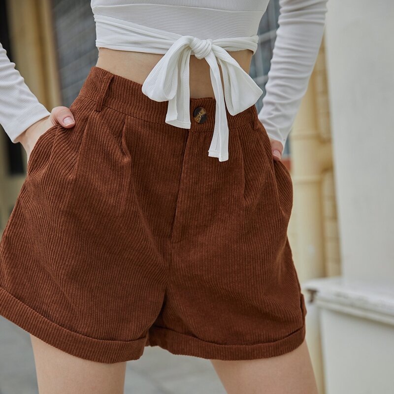 

Solid Corduroy Cuffes Shorts, Rust brown
