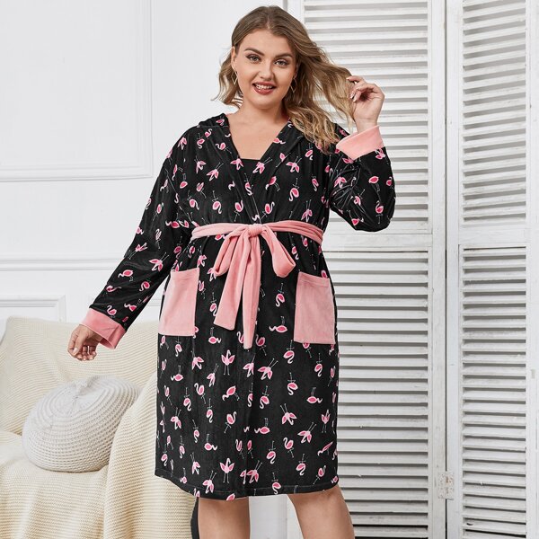 

Plus Allover Flamingo Pattern Dual Pocket Belted Velvet Robe, Black
