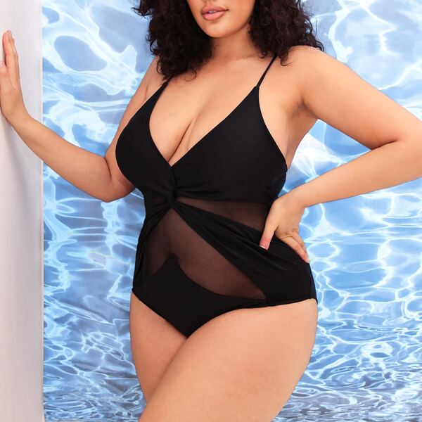 

Plus Twist Contrast Mesh One Piece Swimsuit, Black