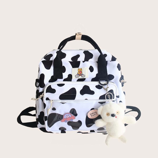 

Girls Cow Pattern Backpack With Bag Charm, Black and white