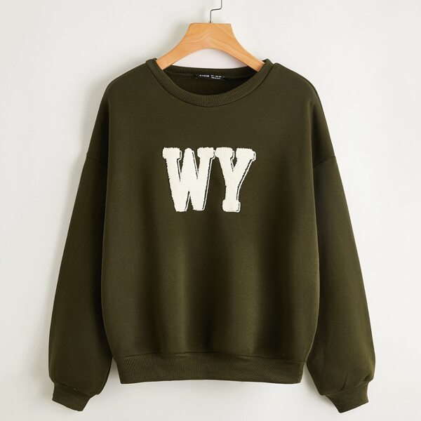 

Drop Shoulder Letter Patch Pullover, Army green