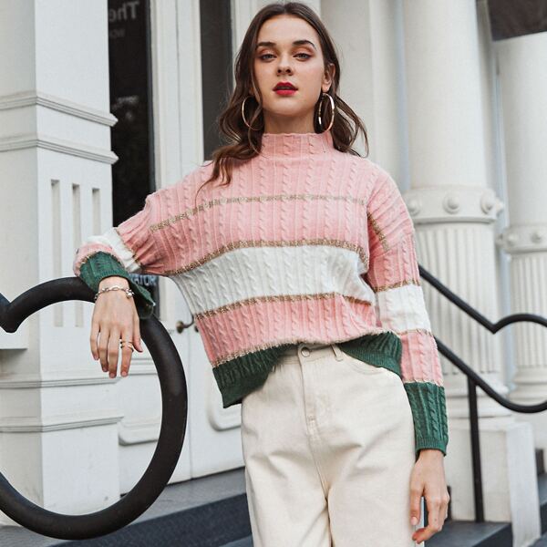 

Drop Shoulder Colorblock Cable Knit Sweater, Baby pink