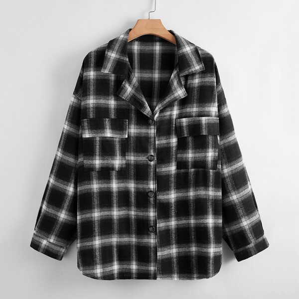 

Plus Flap Pocket Plaid Blouse, Black