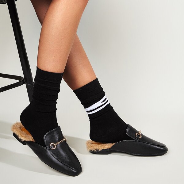 

Horsebit Decor Plush Inside Loafer Mules, Black