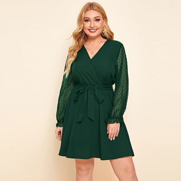 

Plus Swiss Dot Surplice Neck Belted Dress, Dark green