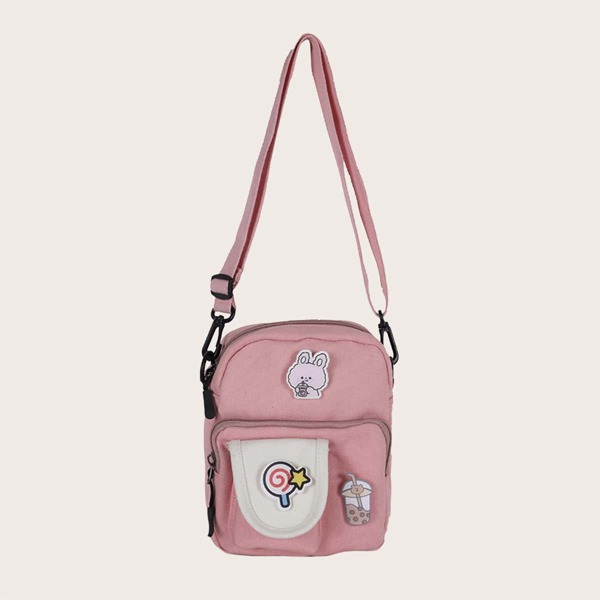 

Girls Cartoon Decor Canvas Crossbody Bag, Pink
