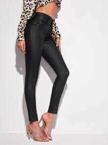 Chiquease Button Fly Coated Skinny Pants Fall Cloth For Women - Black - View 3
