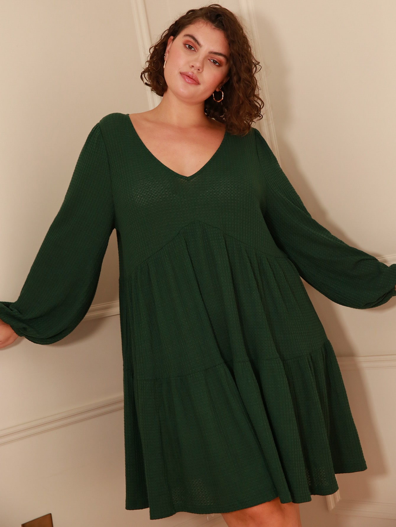 Plus V-neck Lantern Sleeve Waffle Knit Smock Dress thumbnail