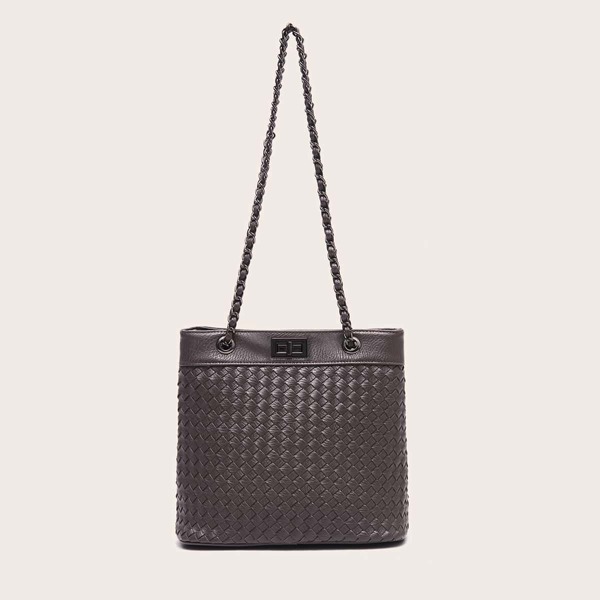 

Braided Embossed Turn-lock Tote Bag, Grey