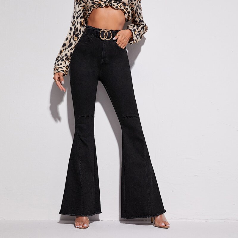

High Waist Raw Hem Flare Leg Jeans Without Belt, Black