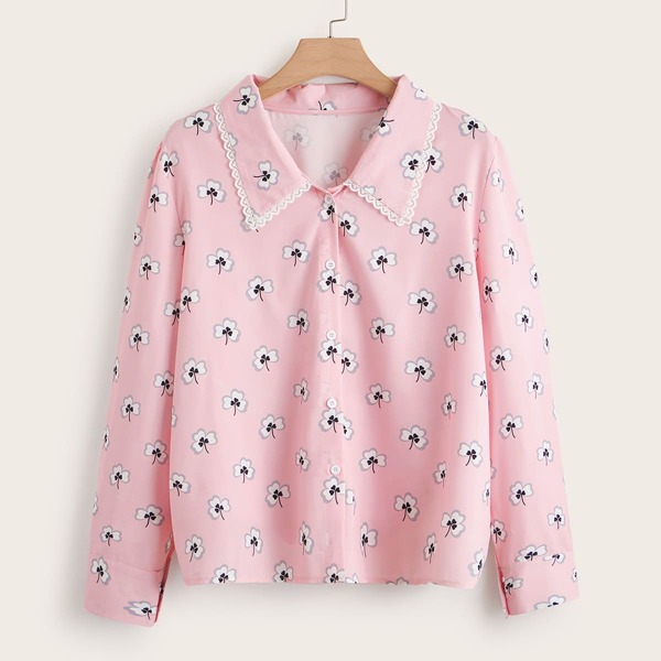 

Plus Plants Print Button Through Blouse, Baby pink
