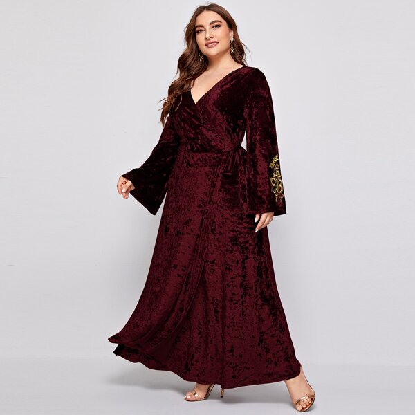 

Plus Floral Embroidery Velvet Wrap Tie Dress, Maroon