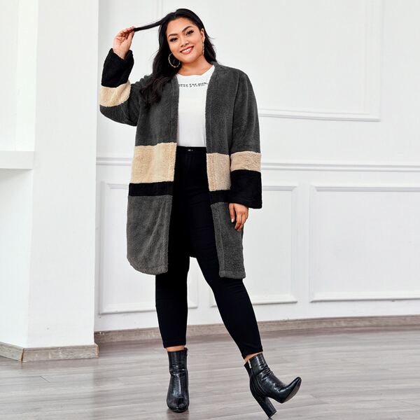 

Plus Colorblock Open Front Teddy Coat, Dark grey