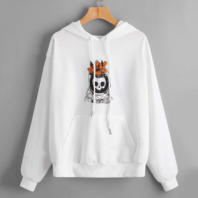 

Flower & Skull Graphic Pocket Hoodie, White