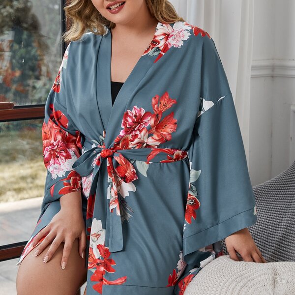 

Plus Floral Print Belted Robe, Dusty blue