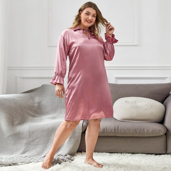 

Plus Tie Neck Satin Night Dress, Dusty pink