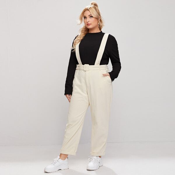 

Plus Buckle Belted Suspender Pants, Beige