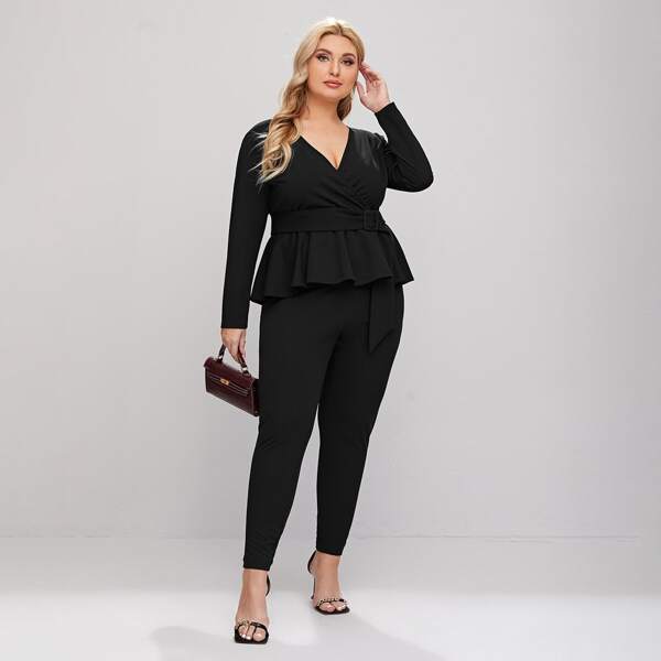 

Plus Buckle Belted Wrap Peplum Top and Leggings Set, Black