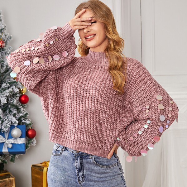 

Contrast Sequin Drop Shoulder Sweater, Dusty pink