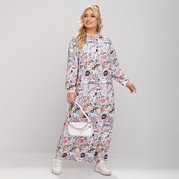 

Plus Cartoon Graphic Hoodie Dress, Multicolor
