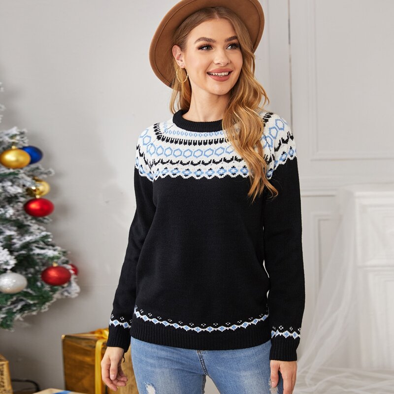 

Geo Pattern Raglan Sleeve Sweater, Black