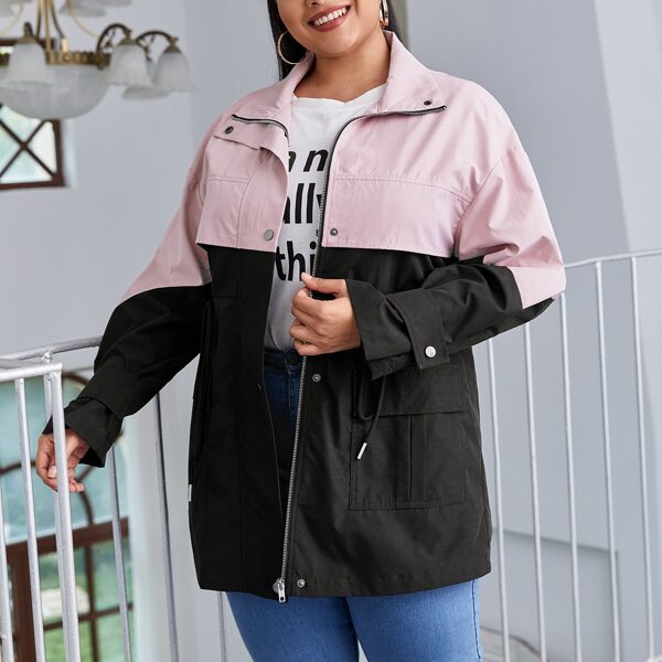 

Plus Drawstring Waist Flap Pocket Front Two Tone Coat, Multicolor