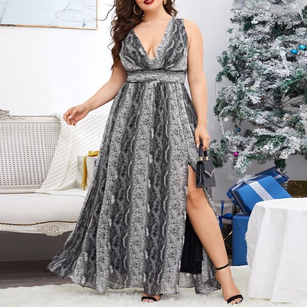 

Plus Snakeskin Print Split Thigh Dress, Multicolor