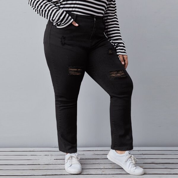 

Plus High Waist Ripped Detail Jeans, Black