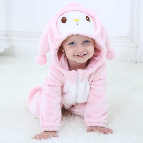 

Baby Girl 3D Ear Design Pompom Embroidery Jumpsuit Costume, Baby pink