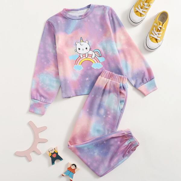 

Toddler Girls Tie Dye Cat Print Sweatshirt & Pocket Sweatpants, Multicolor